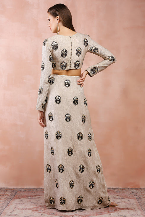 Crushed Dull Gold Embroidered Choli And Skirt With Applique And Zardosi Work